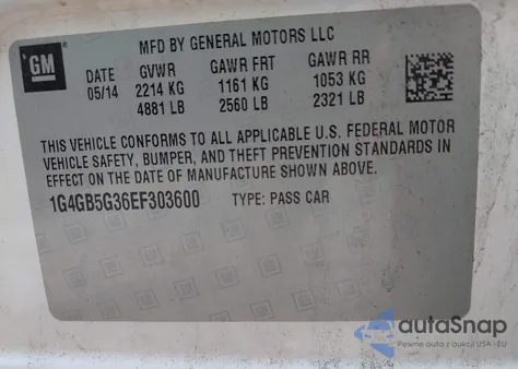 2014 Buick Lacrosse Leather Group z USA, uszkodzony, nr VIN 1G4GB5G36EF303600